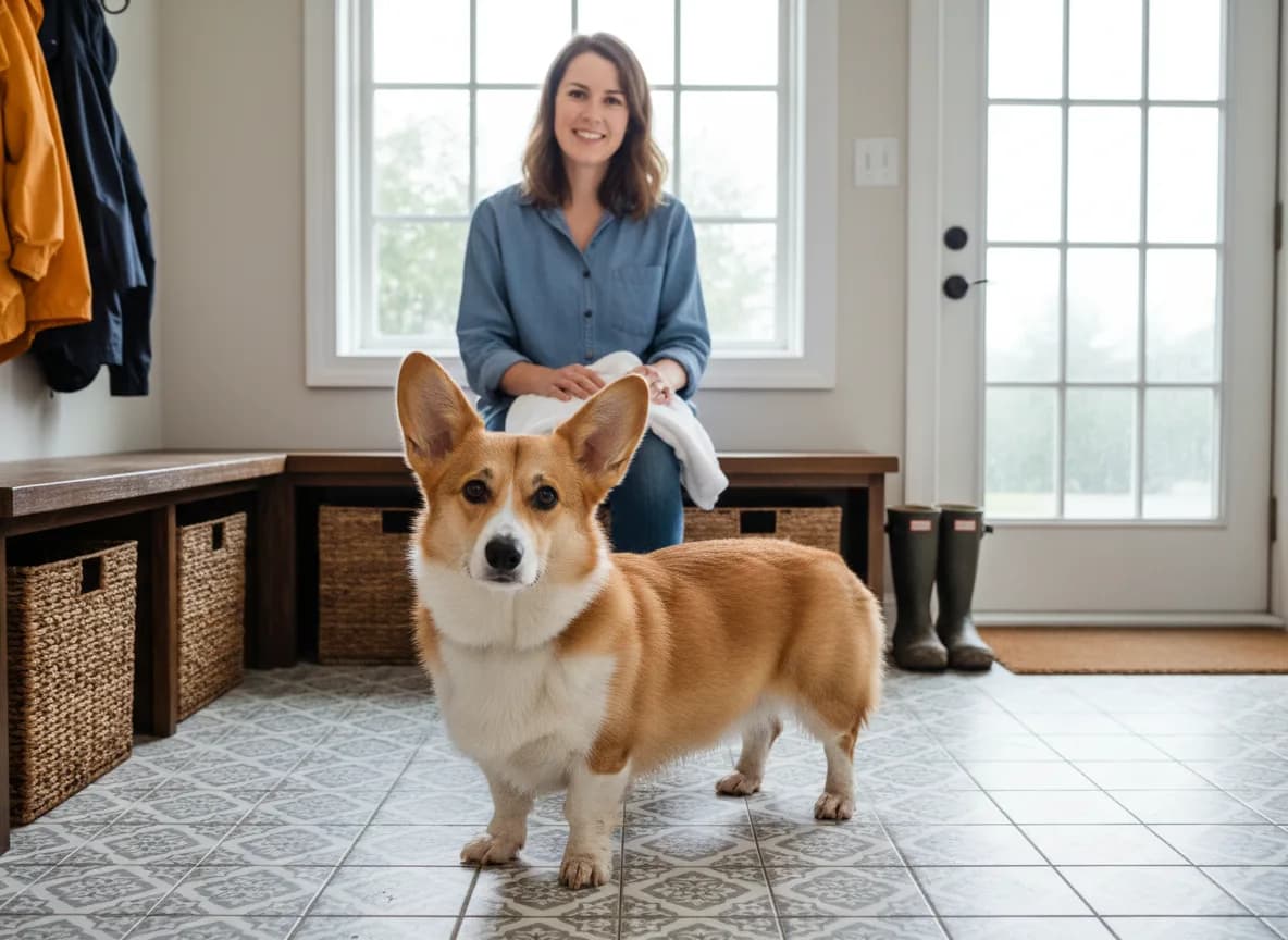 Corgi standing in a mudroom beside its owner and a folded towel.