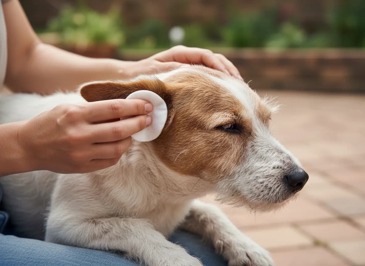 Owner gently wiping a terrier’s accessible outer ear flap with a cotton pad.