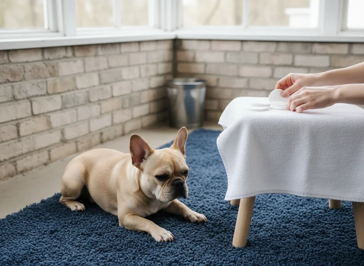 French bulldog resting while an owner prepares round cotton pads on a towel.