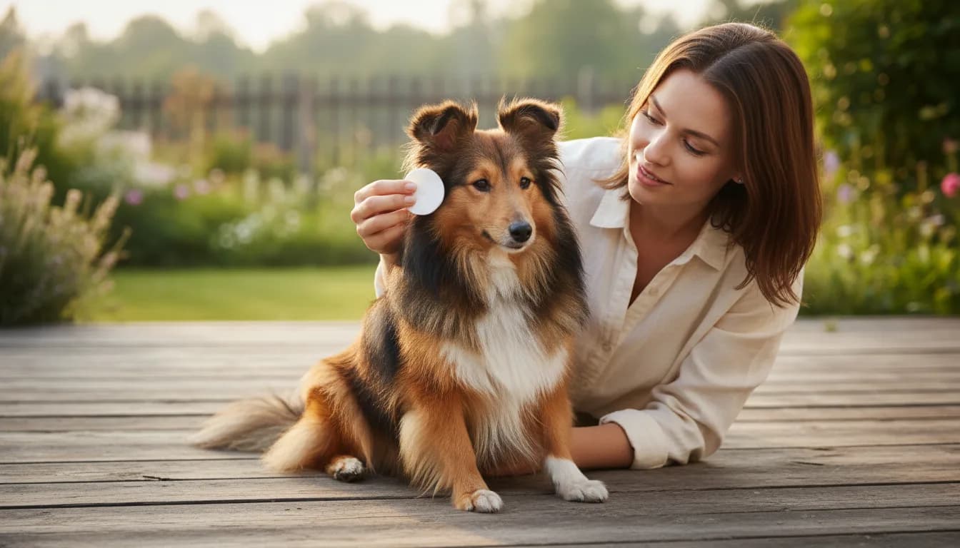 Shetland sheepdog beside an owner holding a cotton pad near its outer ear.