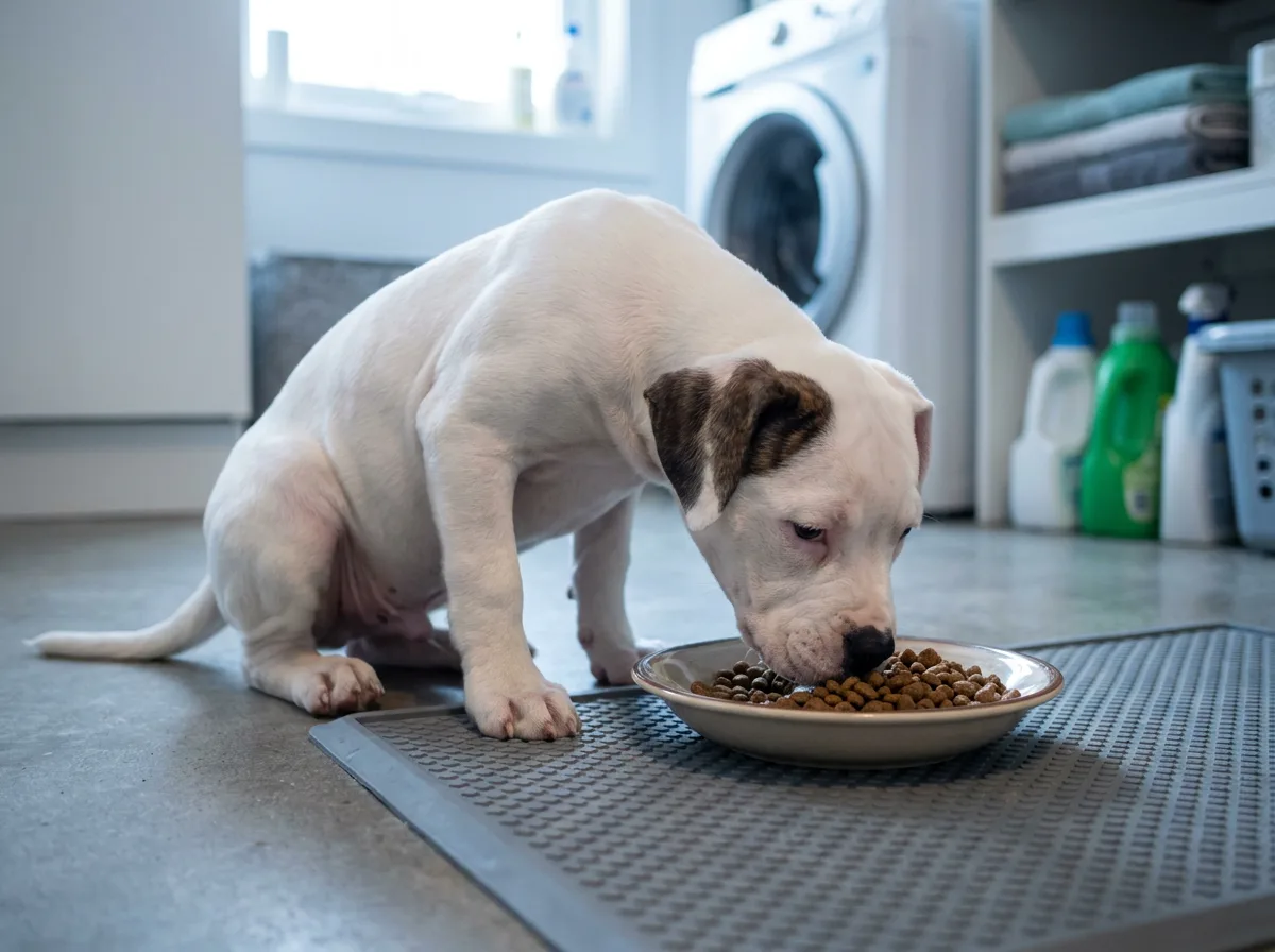 American Bulldog puppy eating from a stable shallow bowl