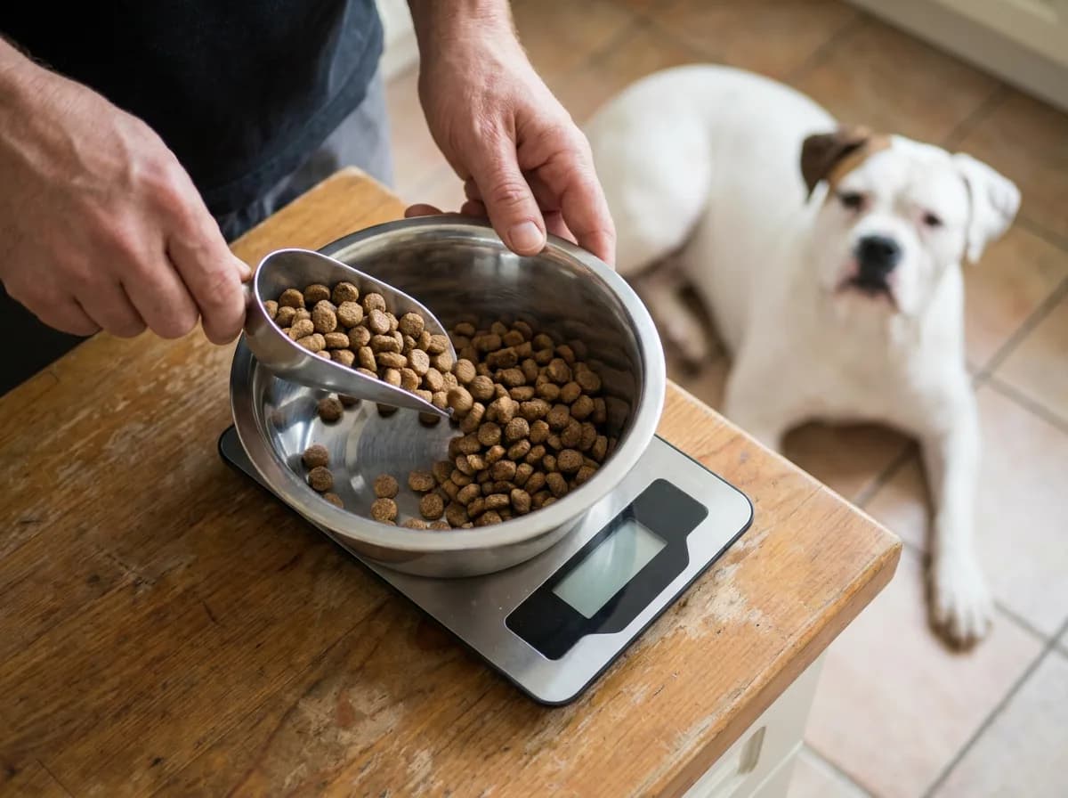 Caregiver portioning kibble into a bowl on a kitchen scale