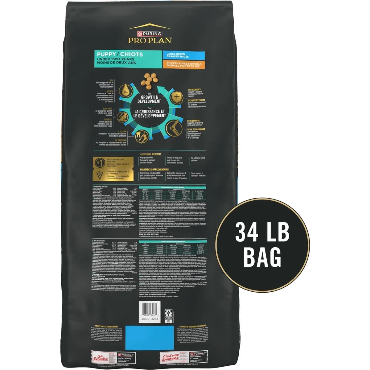 Back of the Purina Pro Plan Large Breed Puppy Chicken and Rice 34-pound package