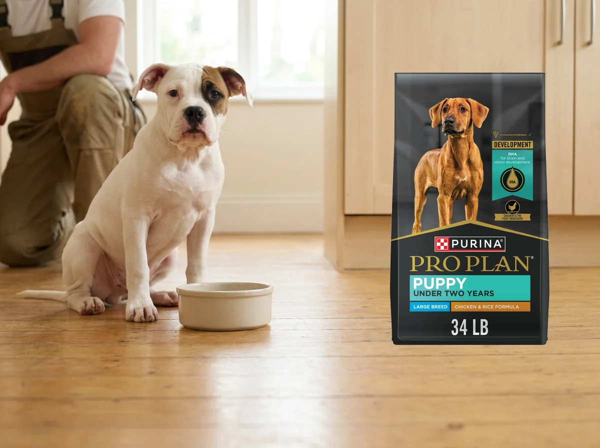American Bulldog puppy beside a bowl and the exact Pro Plan Large Breed Puppy package
