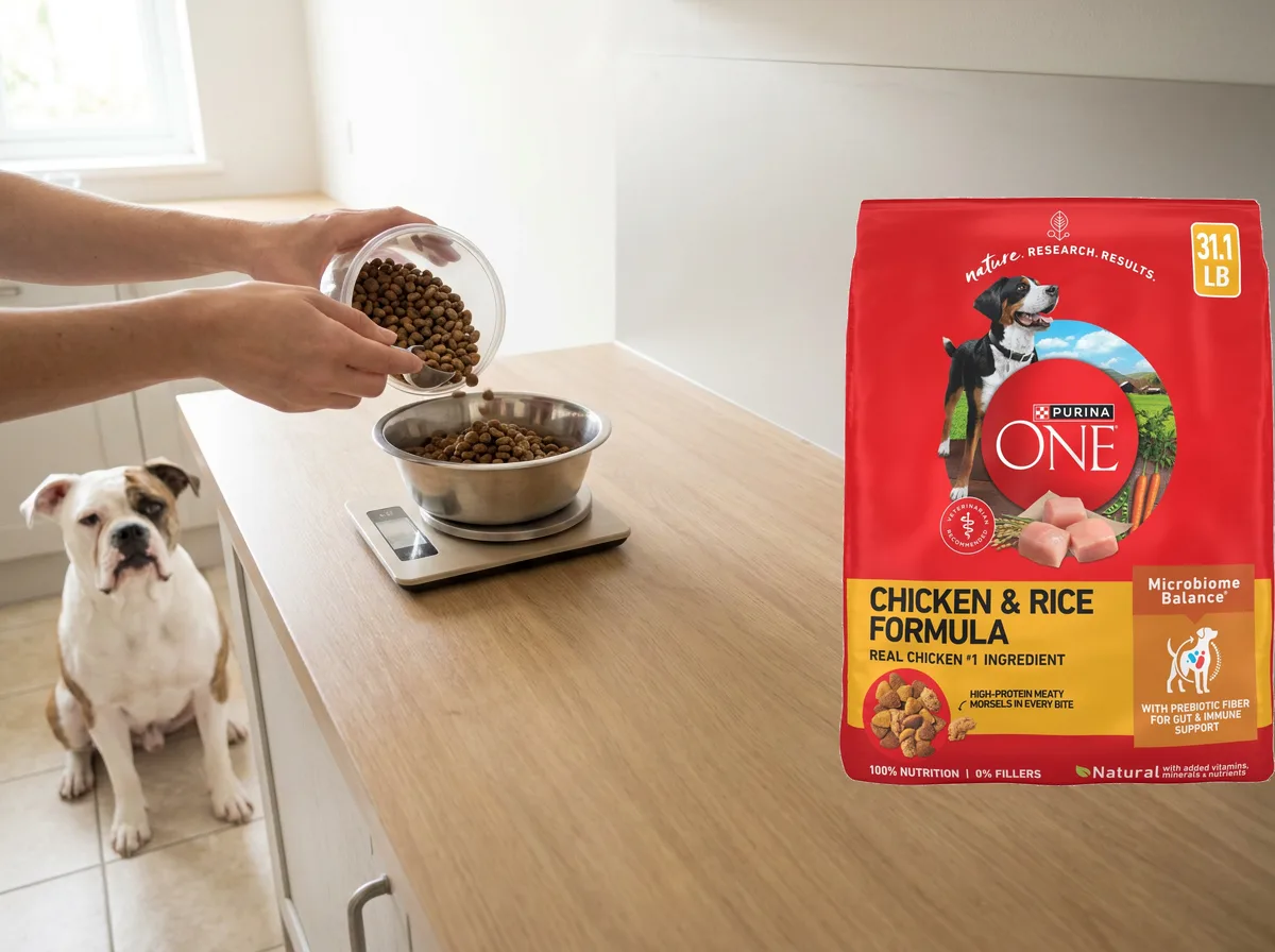 Caregiver weighing a portion beside the Purina ONE Chicken and Rice 31.1-pound package
