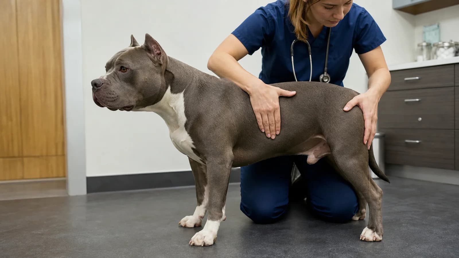 Owner assessing ribs and waist on a fit standing American Bully