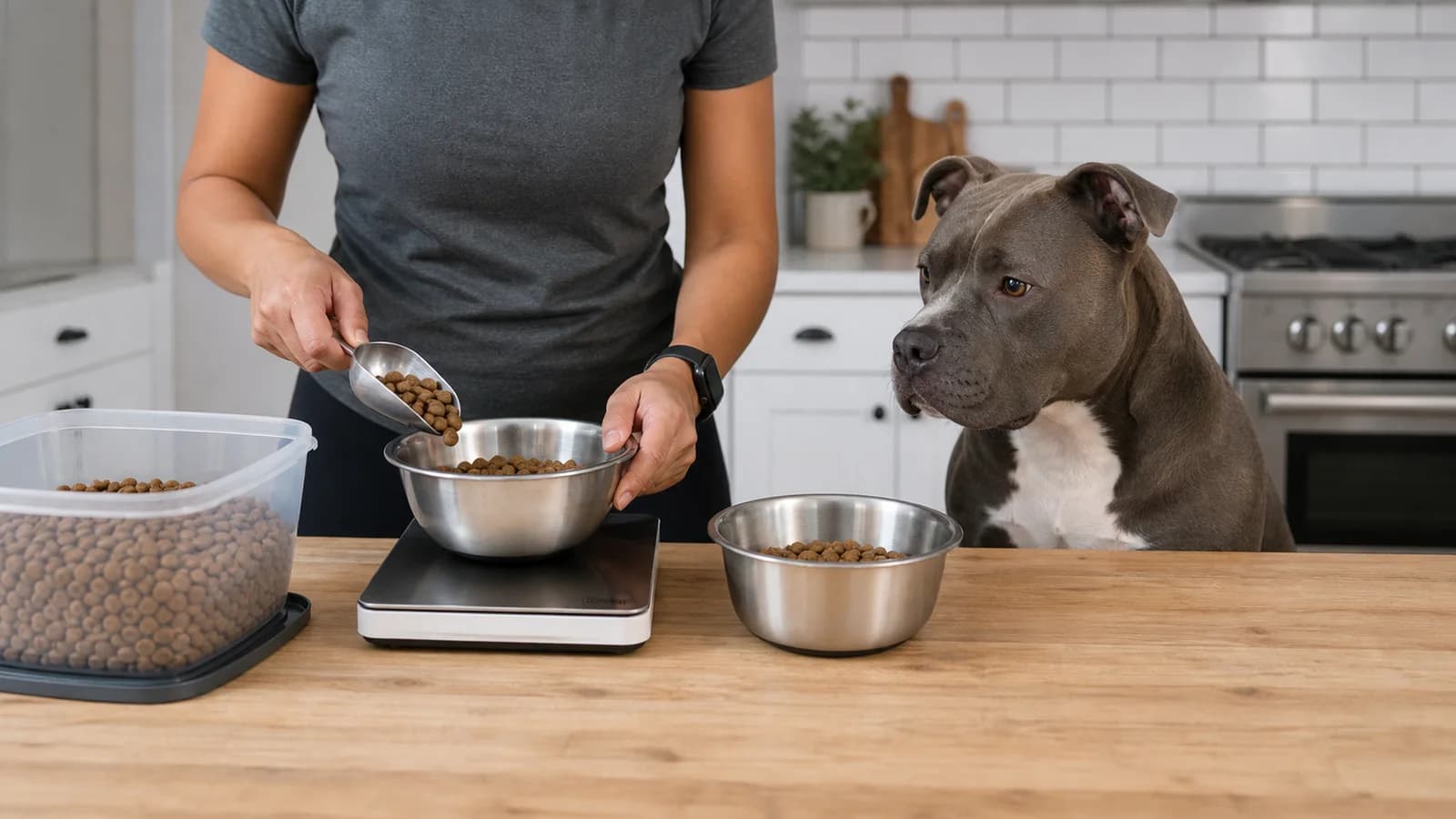 Kitchen scale measuring one American Bully meal portion into an unbranded bowl