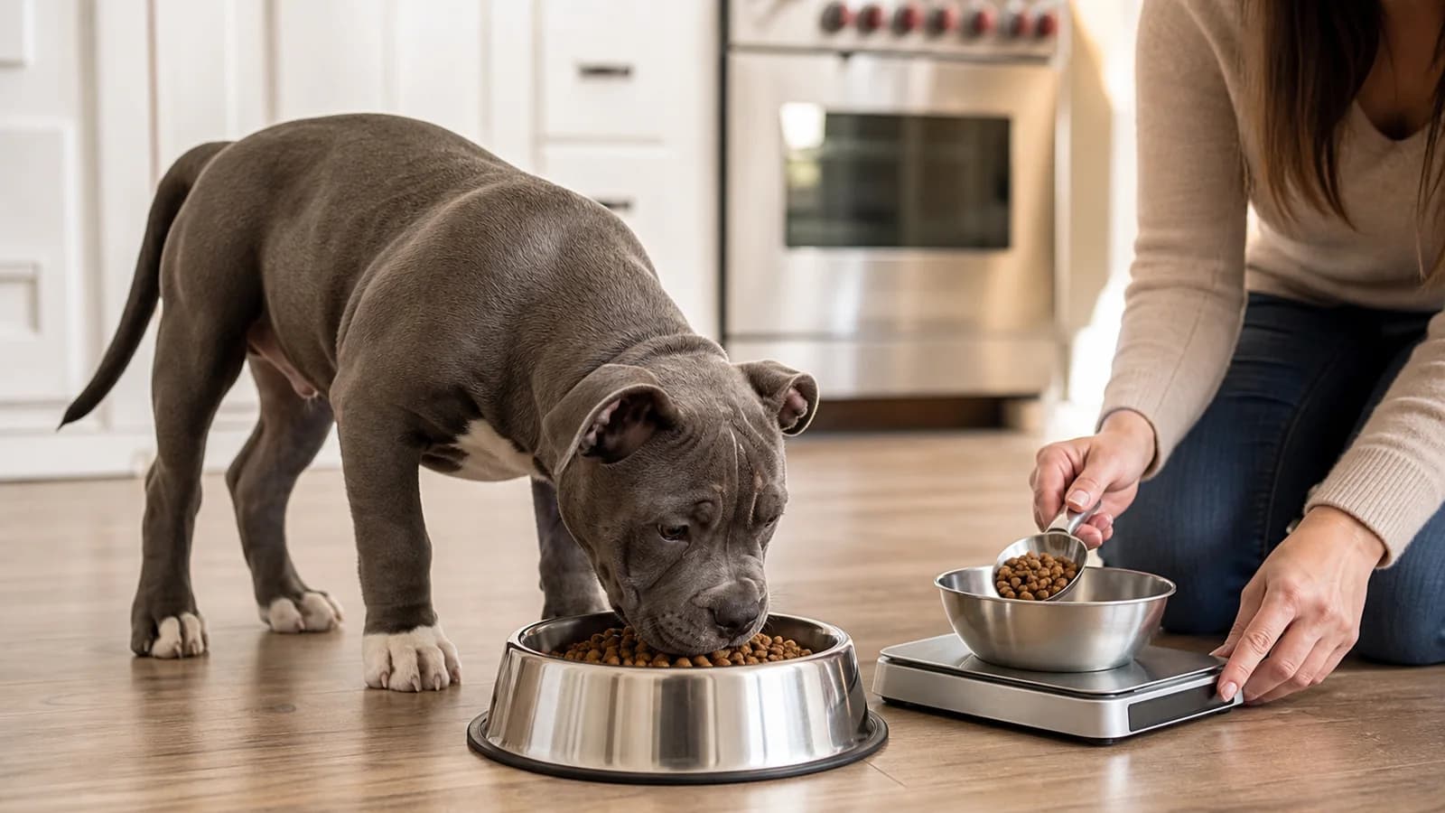 American Bully puppy eating a measured complete growth diet in a quiet home setting