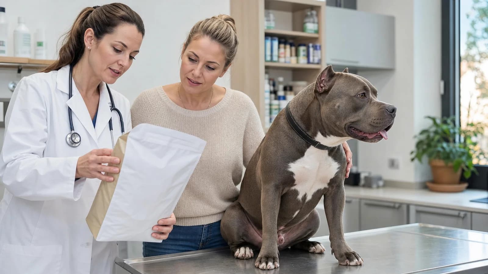 Veterinarian discussing an American Bully body-condition chart and current food label with an owner
