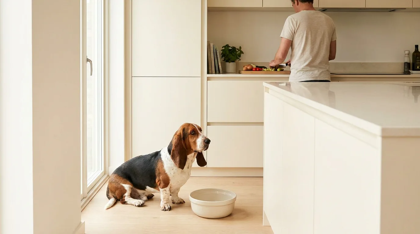 Basset Hound waiting beside a broad bowl in a bright kitchen.