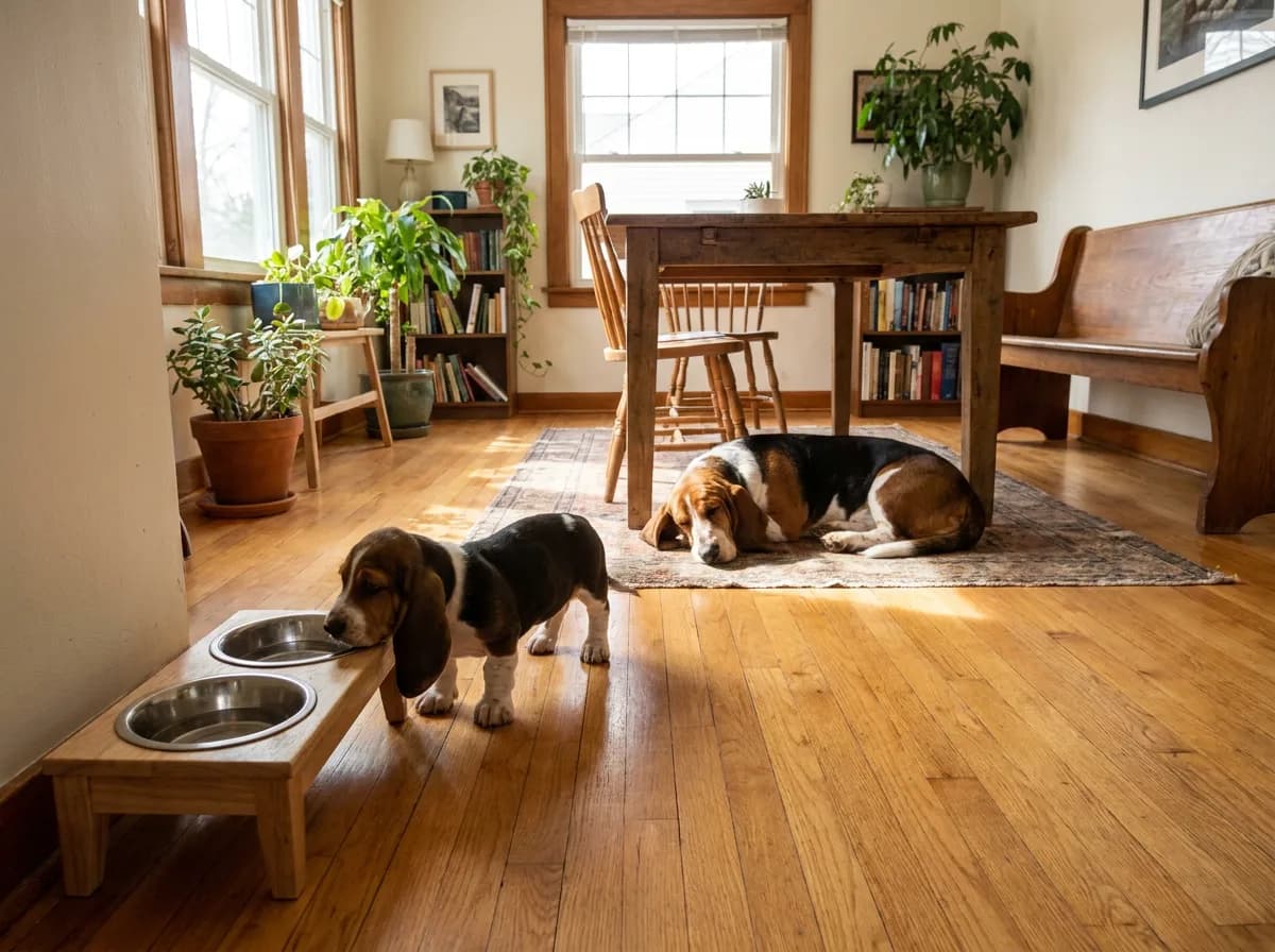 Owner reading a plain feeding plan beside a Basset Hound.