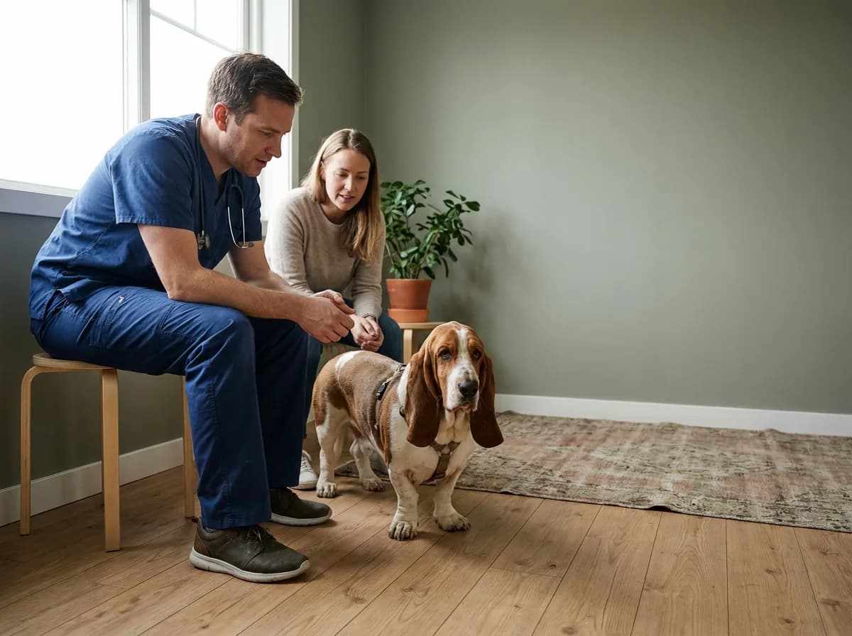 Basset Hound puppy beside a plain bowl at home.