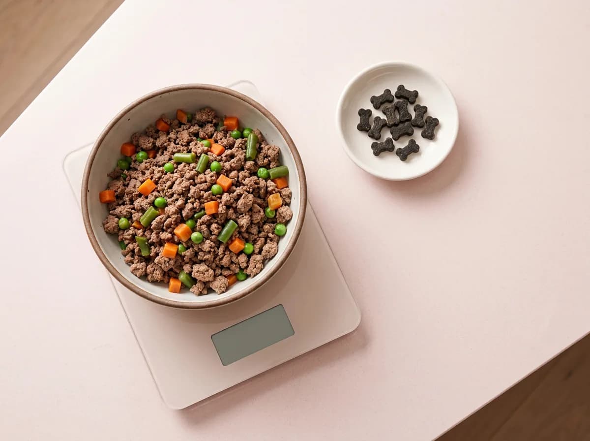 Bowl of cooked ground food and vegetables on a kitchen scale beside a separate dish of bone-shaped dog treats.