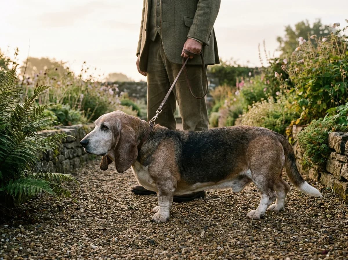Older Basset Hound beside an accessible feeding station.