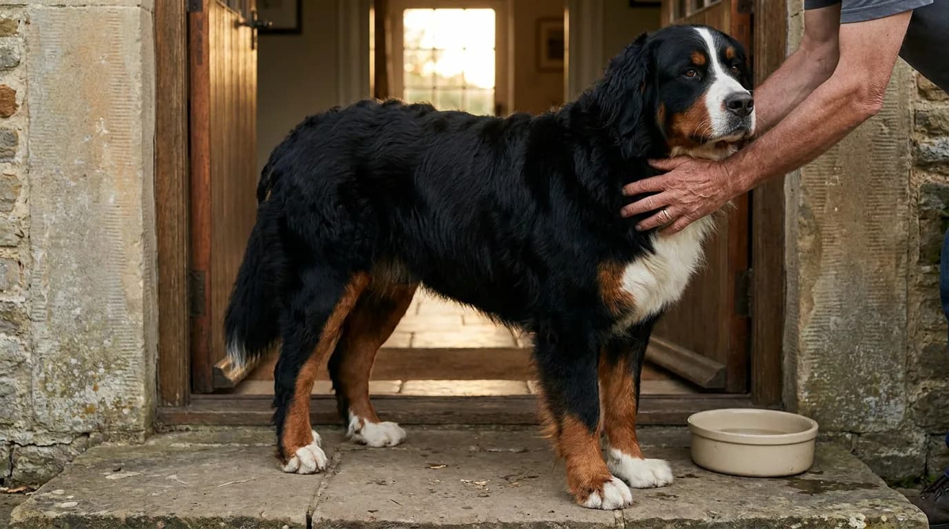 An adult Bernese Mountain Dog stands beside its owner in a doorway.