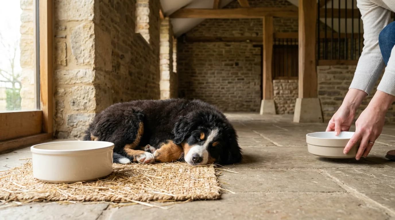 A Bernese Mountain Dog puppy rests in a sheltered feeding area.