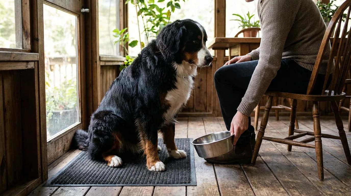 A Bernese Mountain Dog waits as its owner lowers a steel bowl.