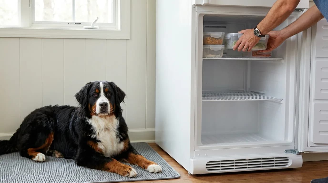 An owner organizes food-storage containers in a freezer beside a Bernese Mountain Dog.