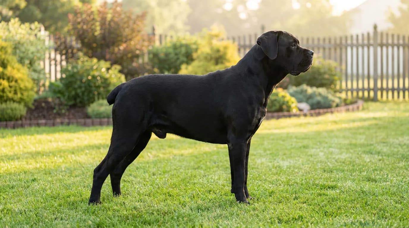 A black adult Cane Corso stands in profile on a garden lawn.