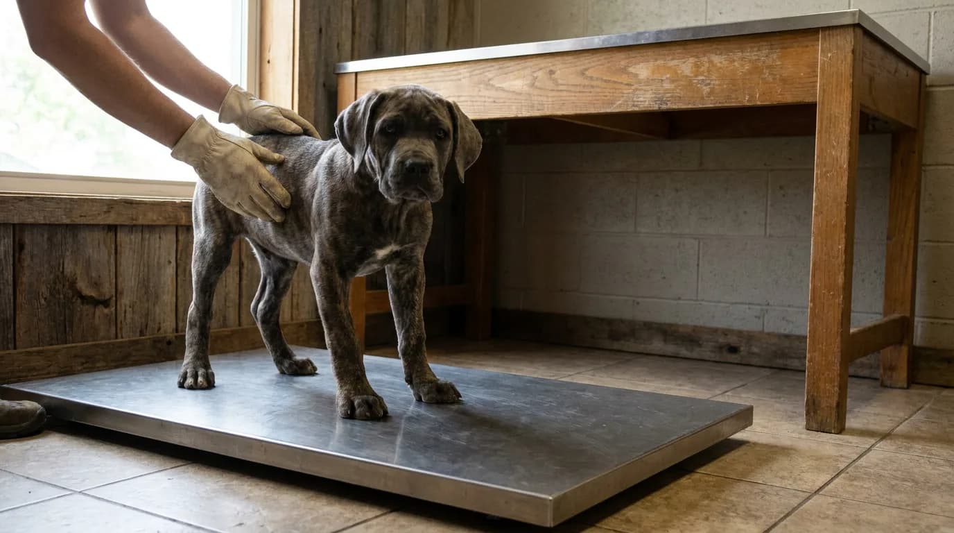 A Cane Corso puppy stands on a weighing platform.