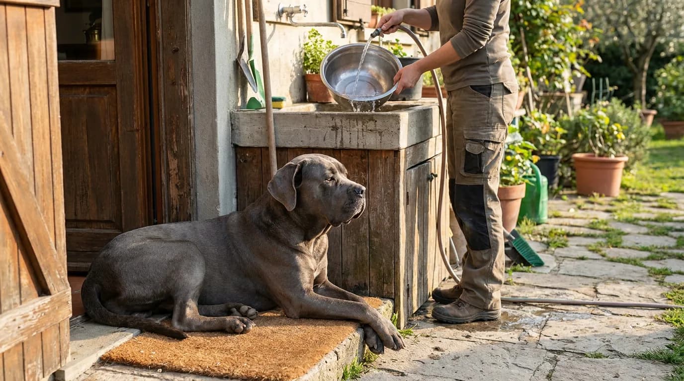 A gray Cane Corso rests while an owner rinses a steel bowl.
