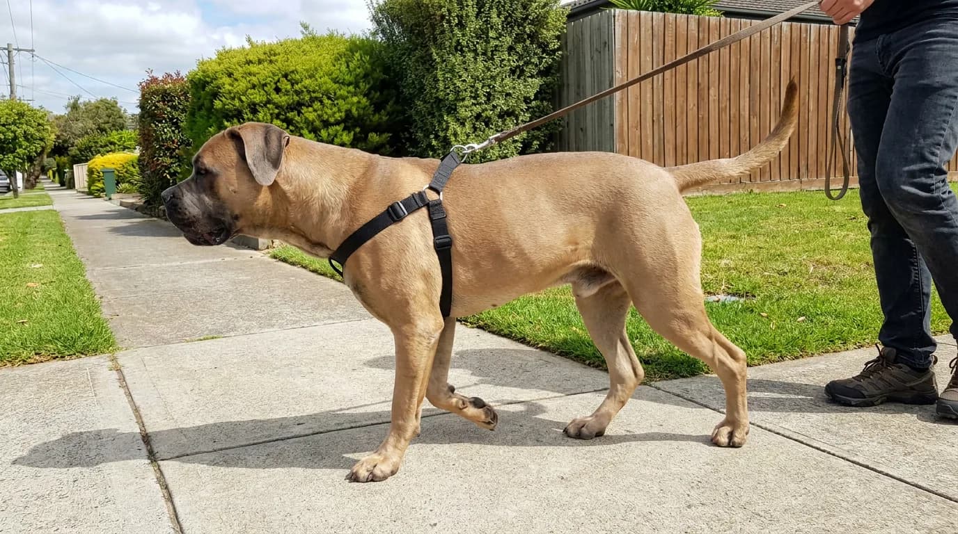 A fawn Cane Corso walks with its owner on a sidewalk.
