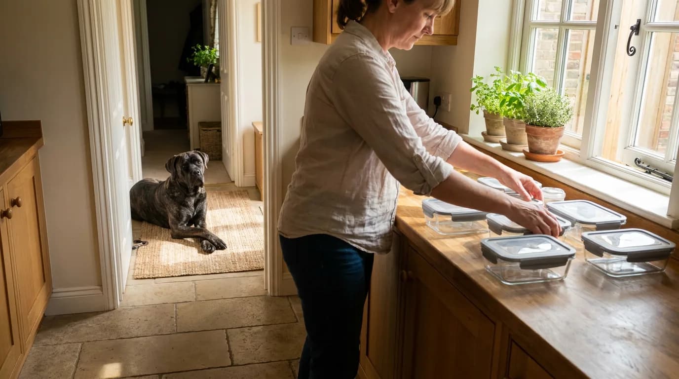 An owner organizes reusable containers while a Cane Corso rests nearby.