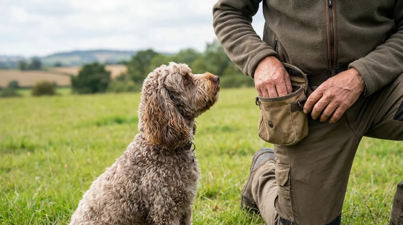 A Cockapoo watches its owner reach into a training pouch outdoors.