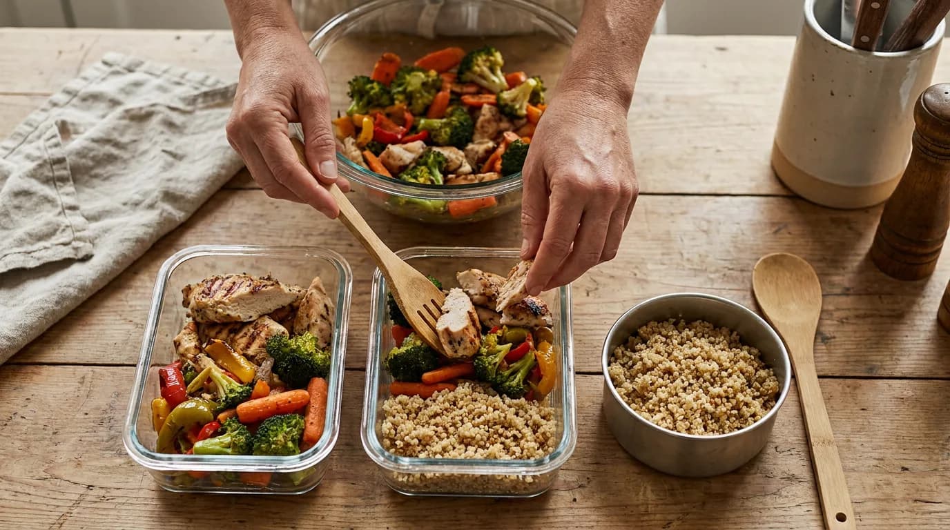 Prepared meal portions and a bowl of dry food sit on a counter.