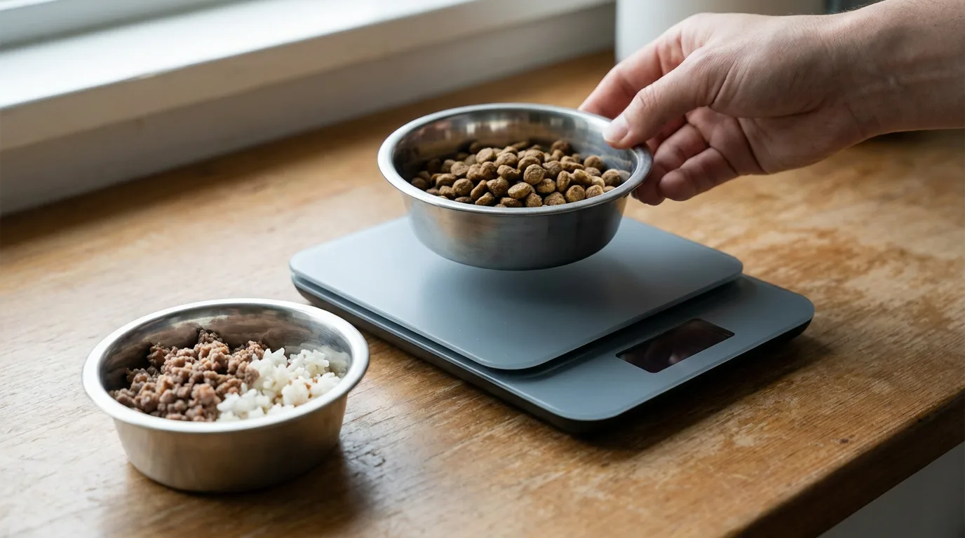 Separate portions of moist and dry dog food are weighed on a kitchen scale.