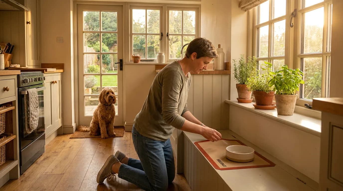 An owner prepares a clean bowl for a Cockapoo.