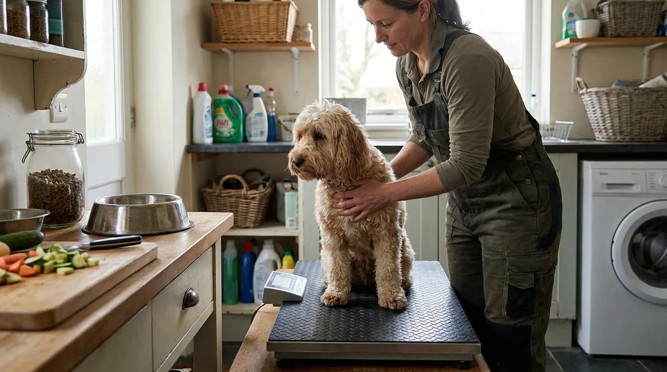 A Cockapoo stands on a veterinary scale beside its handler.