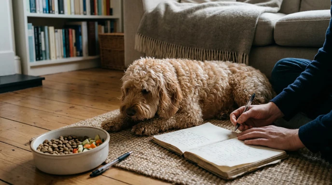 A resting Cockapoo lies beside a person keeping a feeding record.