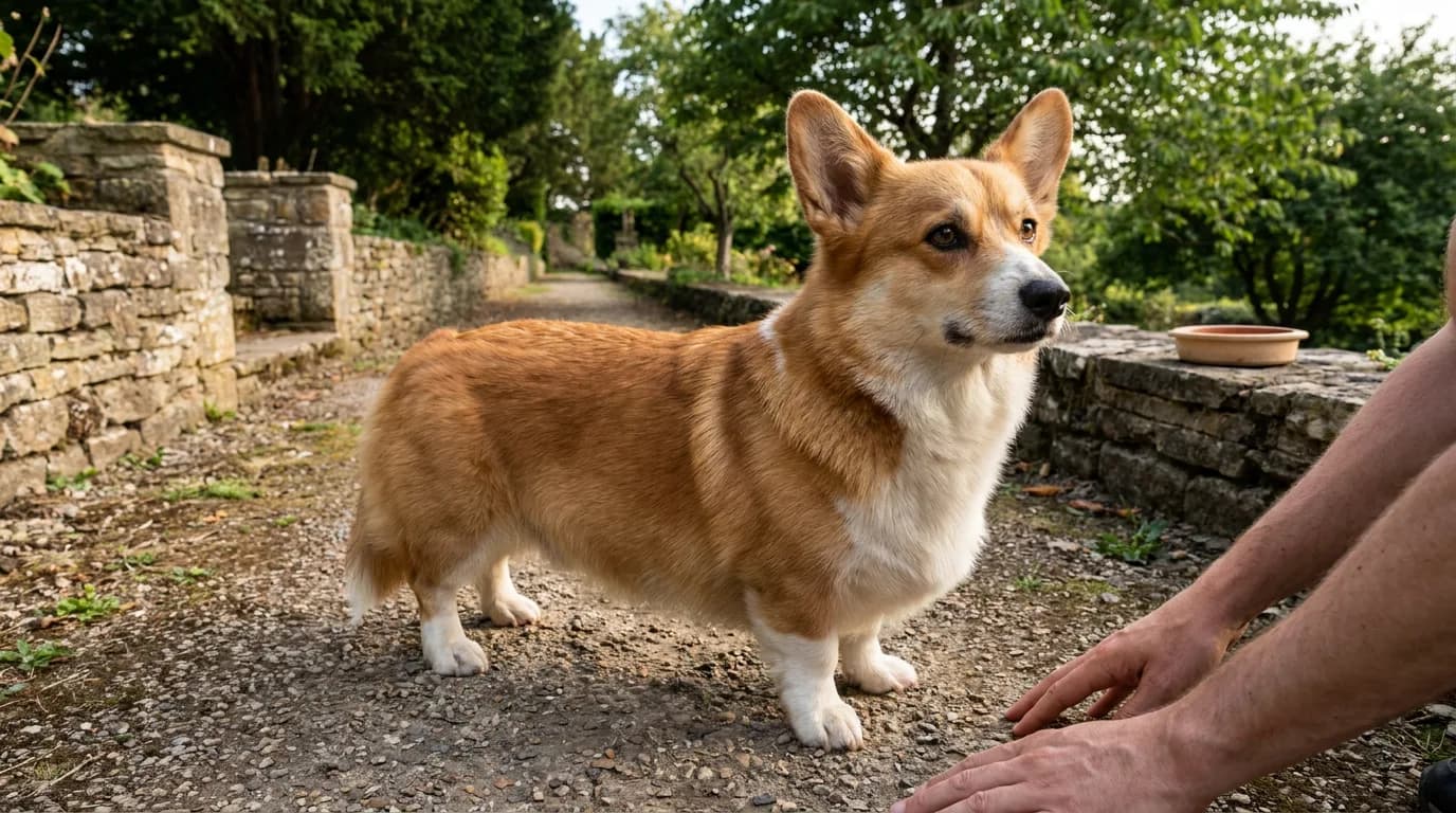 An adult Pembroke Welsh Corgi stands on a garden path.