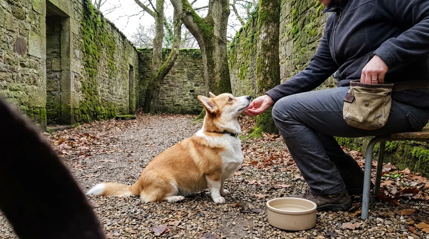 A Corgi sits beside its owner during a training session.