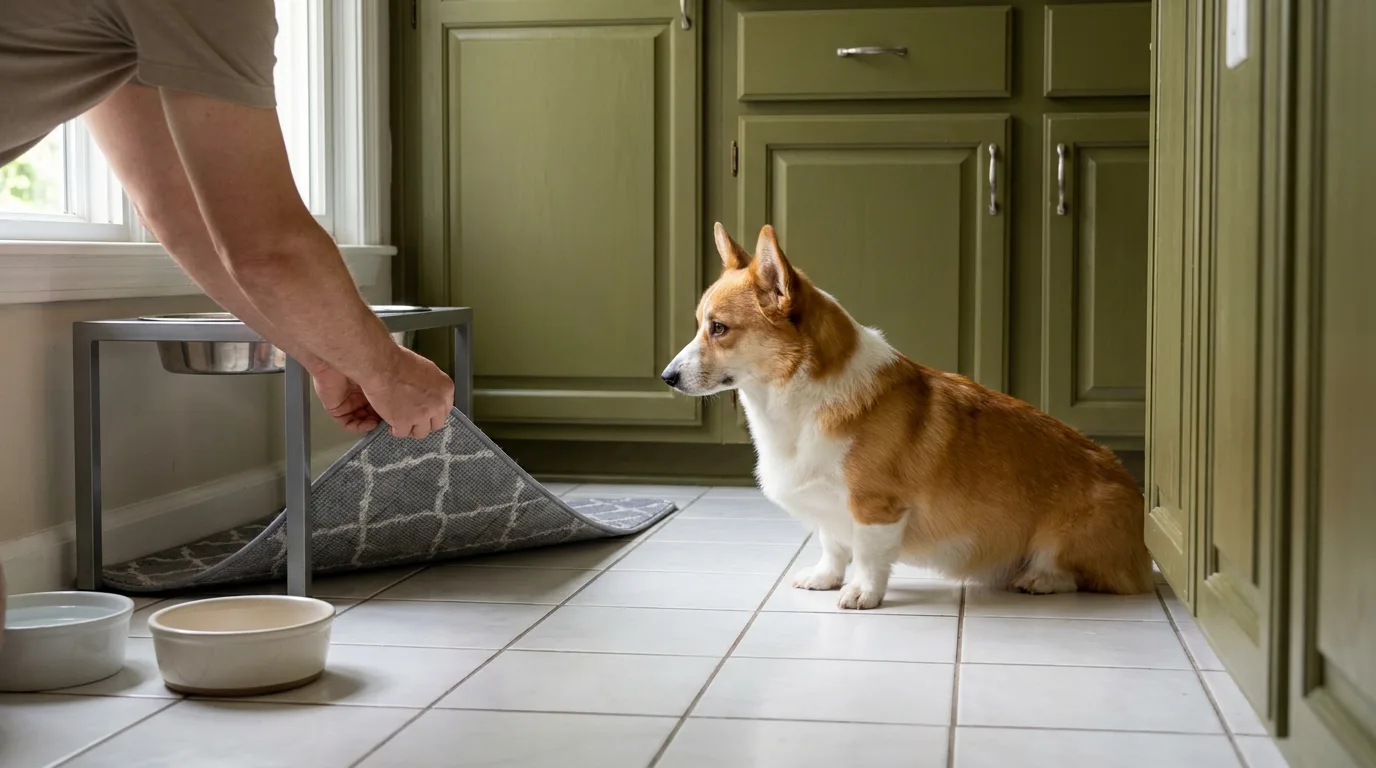 A Corgi waits while an owner lifts a washable feeding mat.
