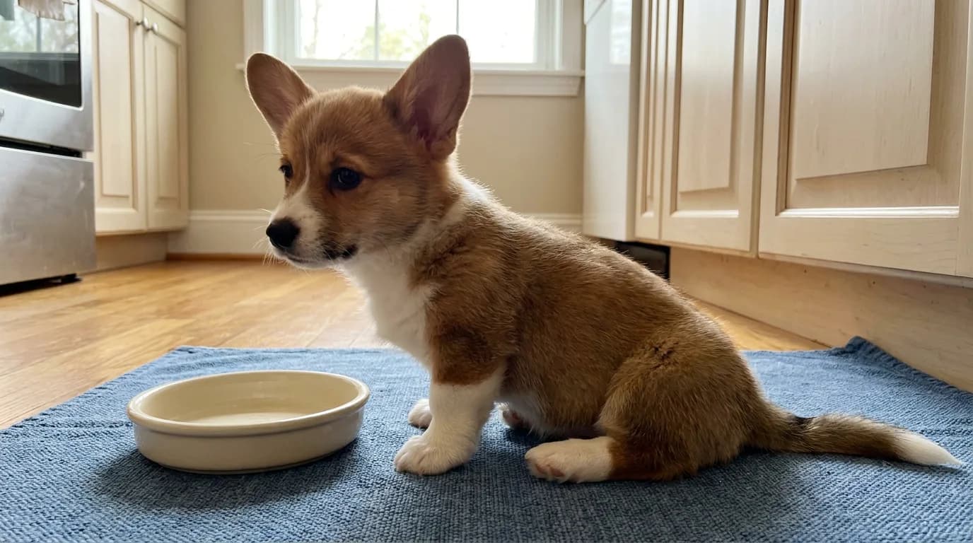 A young Corgi puppy sits beside a shallow dish.