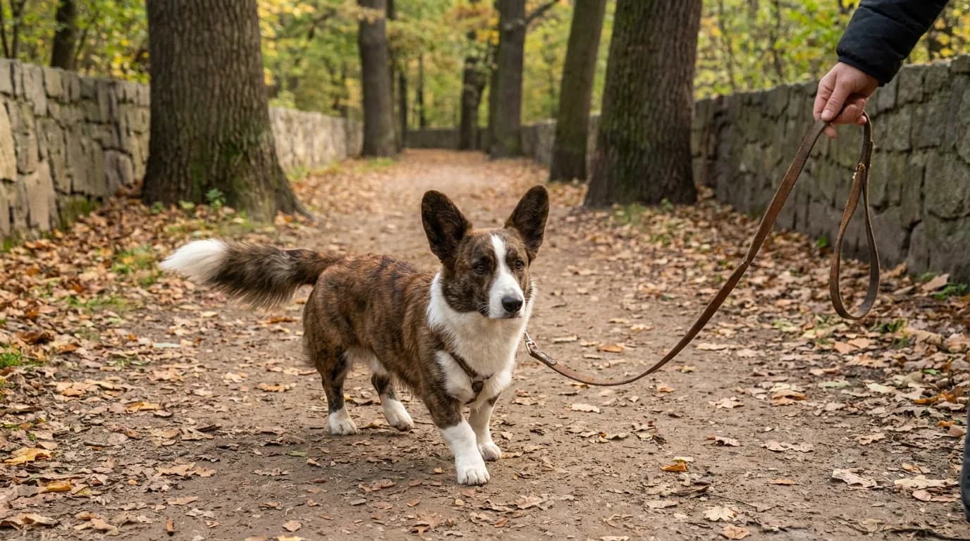 A Cardigan Welsh Corgi walks with its owner on a wooded path.
