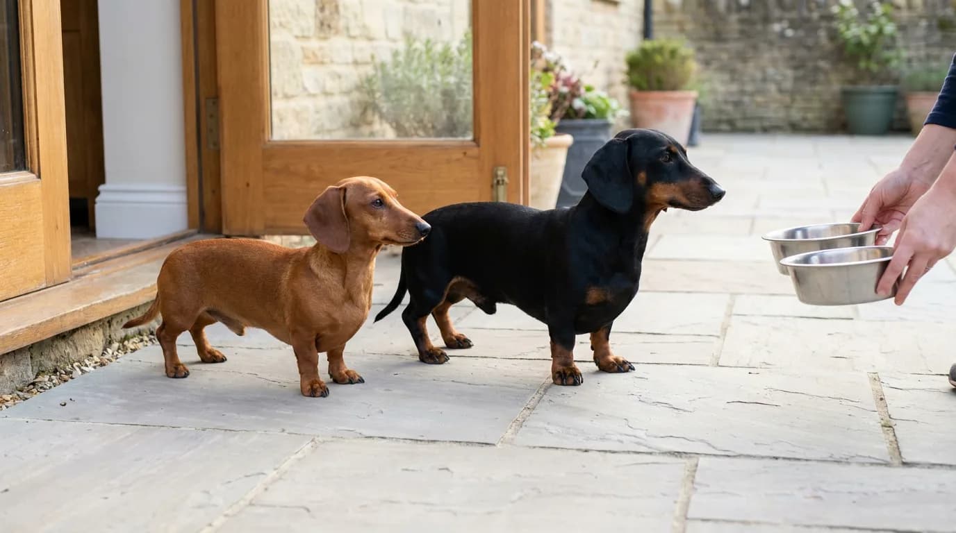 Two smooth-coated Dachshunds of different adult sizes stand together beside a doorway.