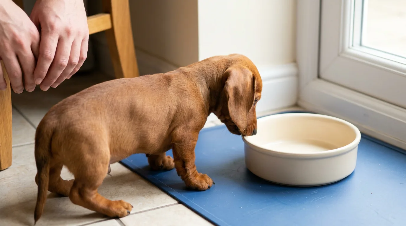 A red Dachshund puppy looks toward a dish on a blue mat.