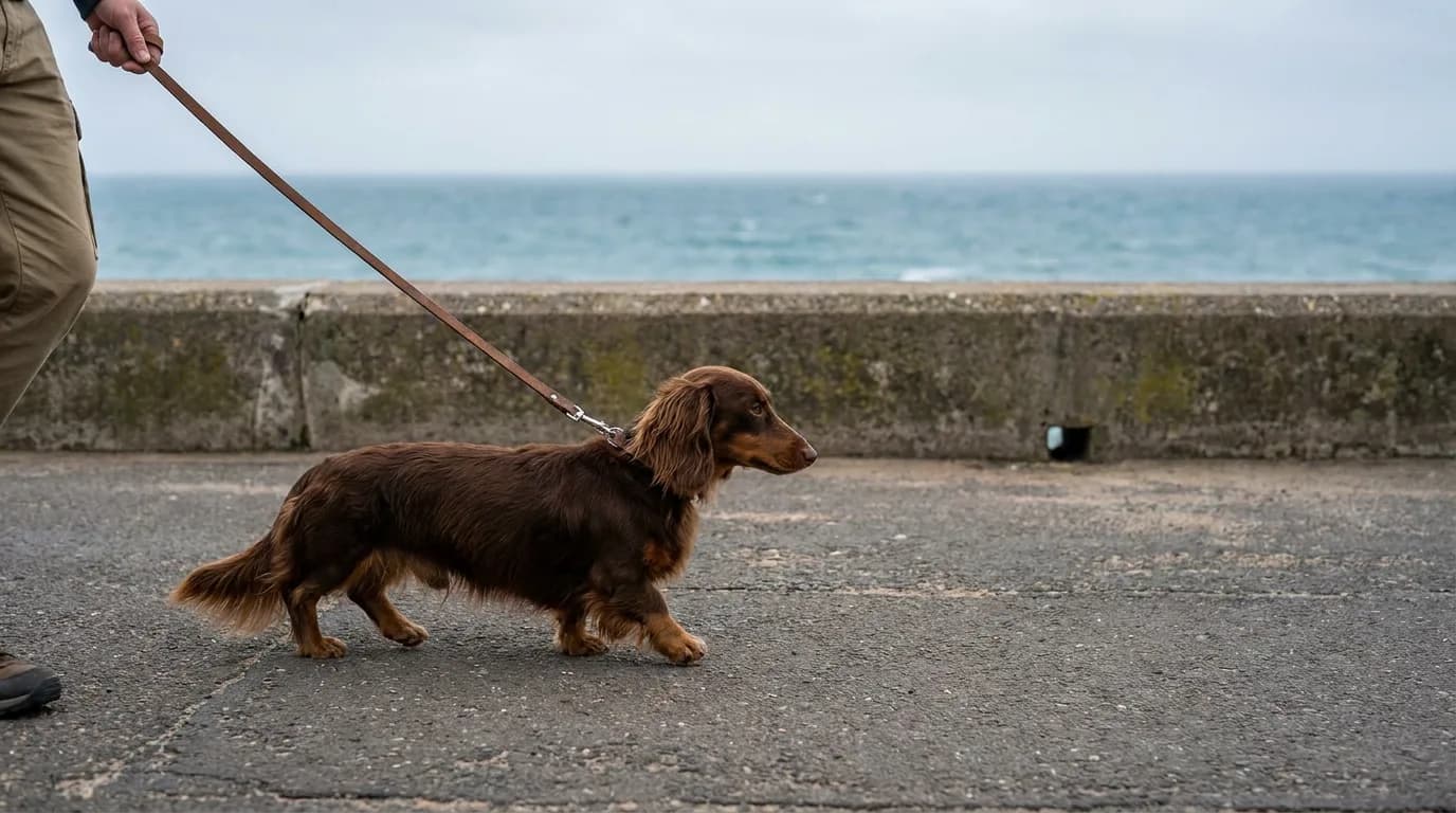 A longhaired Dachshund walks on a leash along a seaside path.