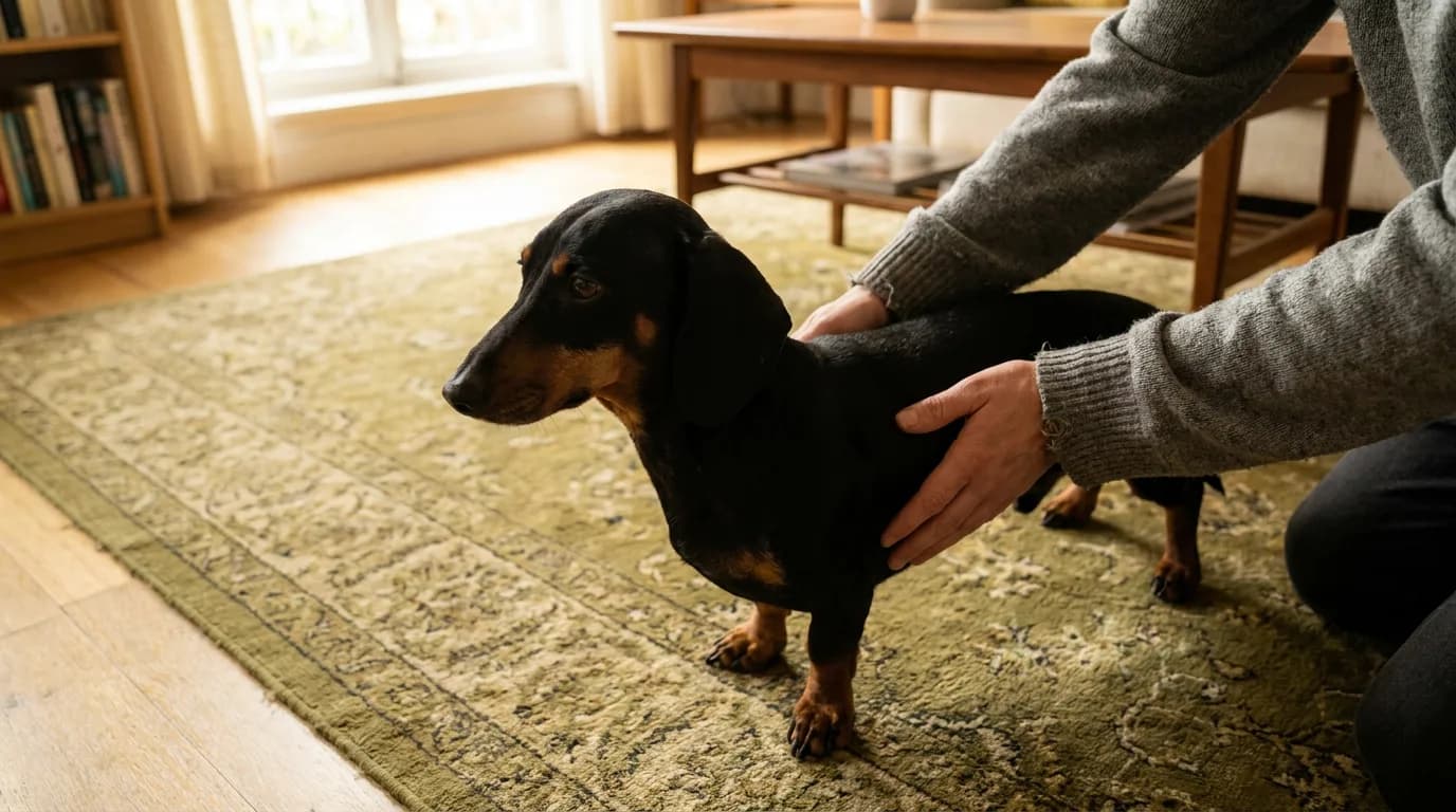 An owner rests both hands lightly at a standing Dachshund’s ribcage.