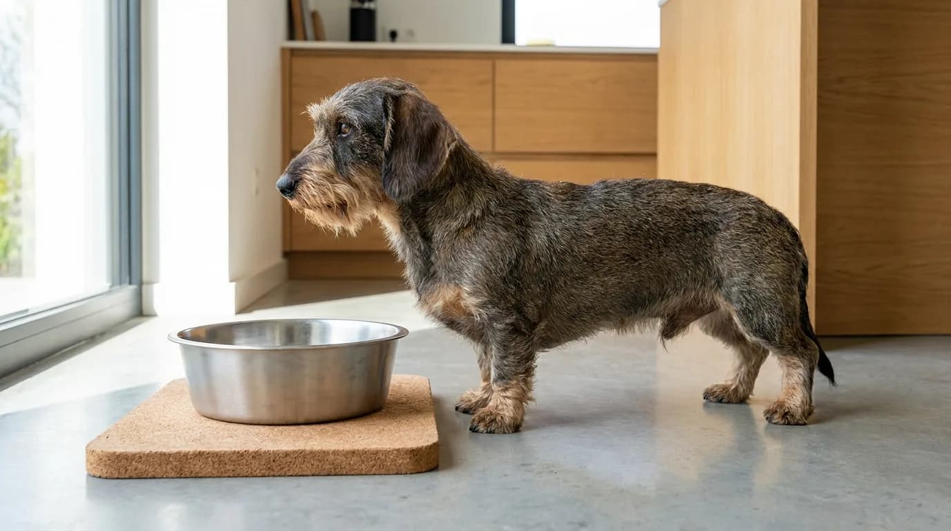 A wirehaired Dachshund stands beside a broad steel bowl in a kitchen.