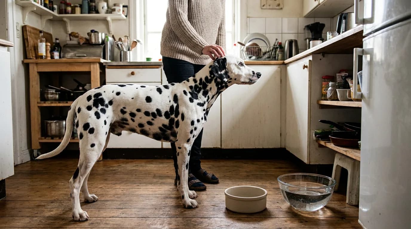 Dalmatian standing beside its owner, an empty food bowl, and a water bowl in a kitchen.