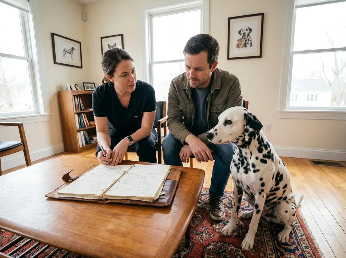 Owner and veterinarian reviewing a notebook beside a seated Dalmatian.