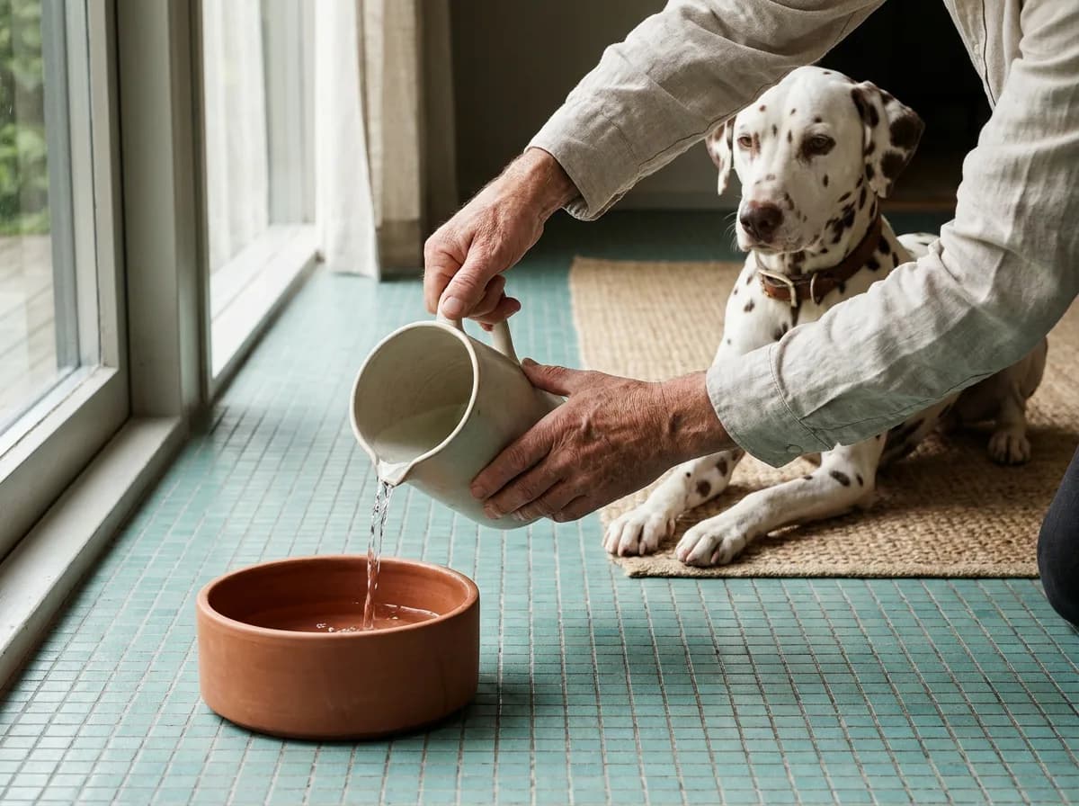 Owner pouring water into a floor-level bowl while a Dalmatian waits nearby.