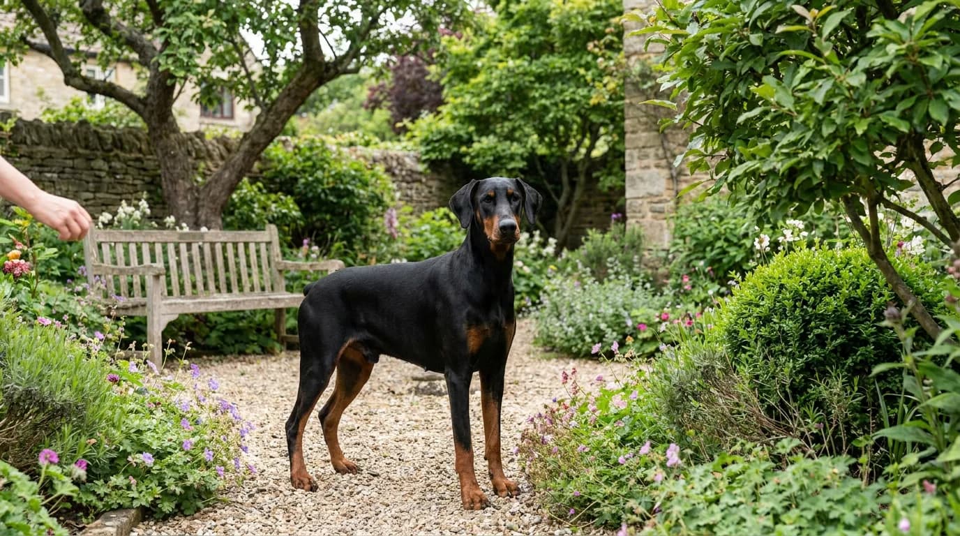A black-and-rust Doberman stands in a residential garden.
