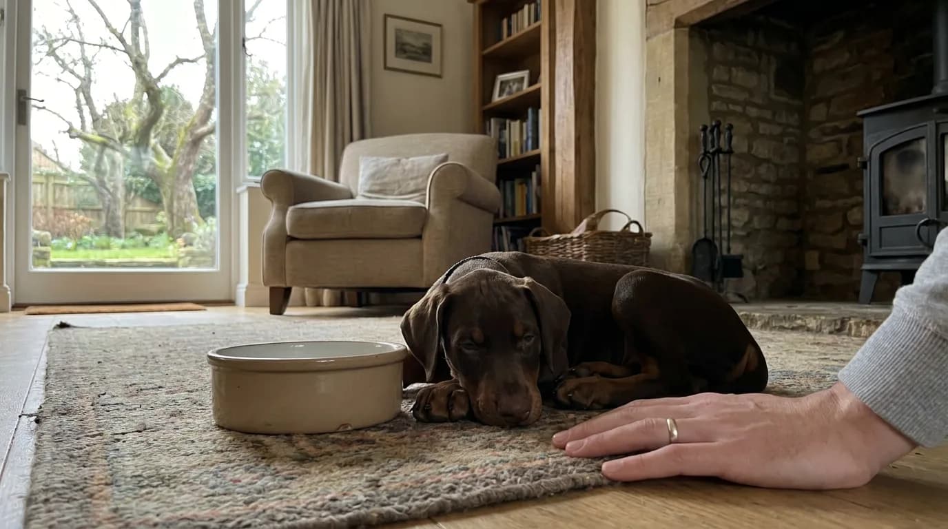 A Doberman puppy rests beside a dish indoors.