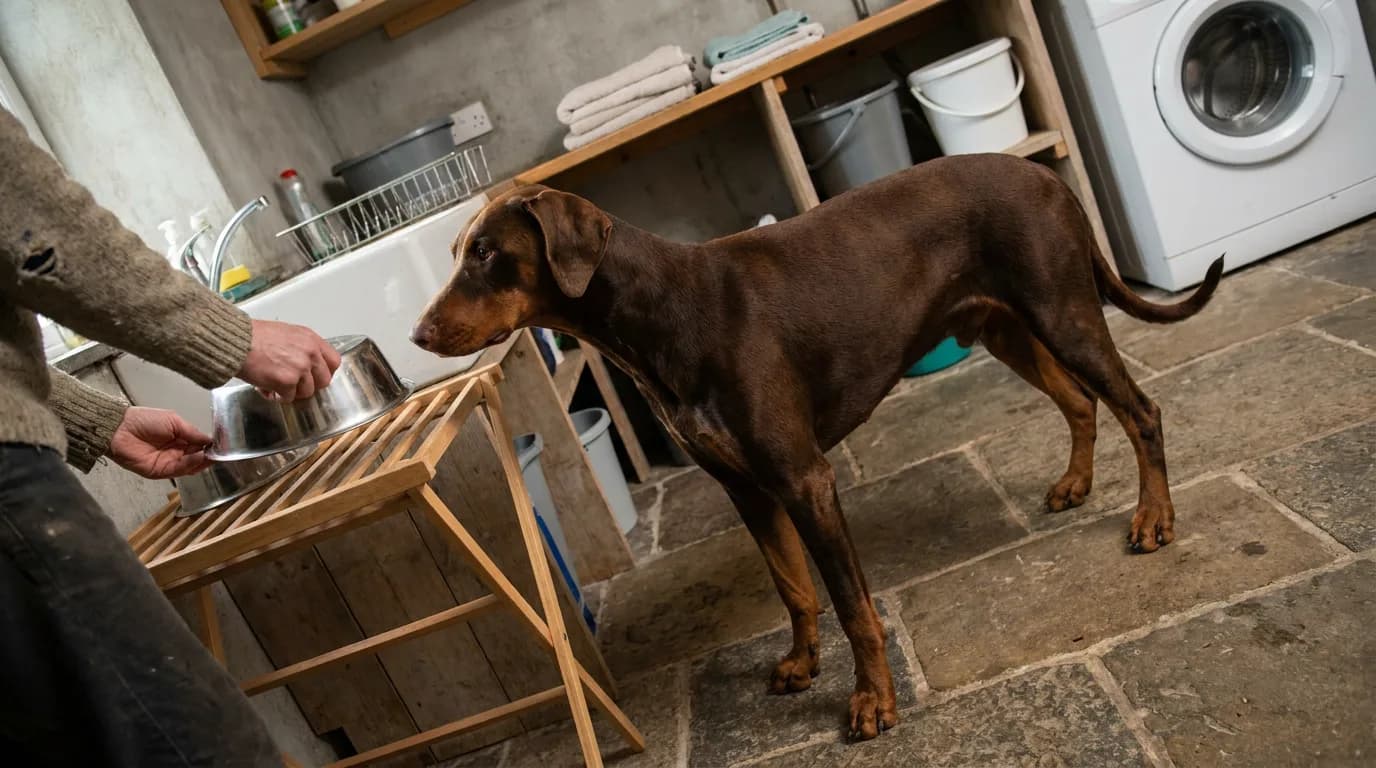 A red-and-rust Doberman watches an owner put away a clean bowl.