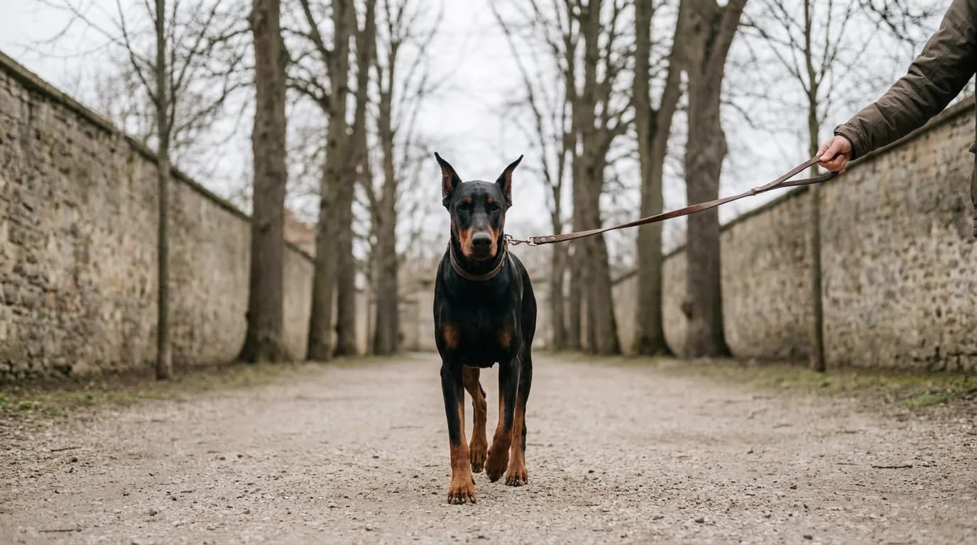 An adult Doberman walks with its owner on a path.